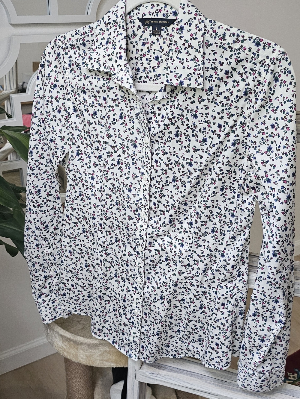 Brooks Brothers White Button-Down Shirt with Blue and Pink Floral Print